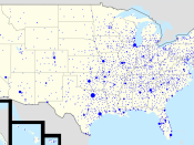 English: Footprint of Walmart stores within the United States. Areas with more than one branch have progressively larger points. Alaska not to scale with the rest of the map.