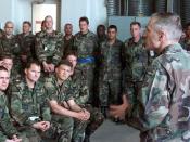 Wesley Clark, Supreme Allied Commander of Europe, meets with members of the 510th Fighter Squadron and the 555th Fighter Squadron who are deployed to Aviano Air Base, Italy, on May 9, 1999, in support of NATO Operation Allied Force.