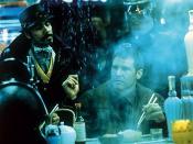 Harrison Ford as detective Rick Deckard in Blade Runner (1982). Like many classic noirs, the film is set in a version of Los Angeles where it constantly rains. Hunter (1982), p. 197. The steam in the foreground is a familiar noir trope, while the 
