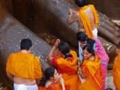 English: Jains praying at the feet of Lord Bahubali, the world's largest monolithic statue.