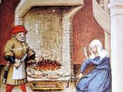 Fowl roasting on a spit. Smoke from the fire rises to the smoke canopy, and is vented through the wall or ceiling; The Decameron, Flanders, 1432.