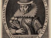 English: Portrait of Pocahontas, wearing a tall hat, and seen at half-length. Around the oval lettering reads: 