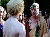 English: Cadmus (Will Shepherd) begs Dionysus (Richard Werner) for mercy. The Bacchae, directed by Brad Mays, 2000.