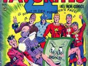American wartime comic showing Mussolini, Hitler and Hirohito beaten by superheroes