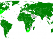 parties to the International Covenant on Economic, Social and Cultural Rights. Parties in dark green, countries which have signed but not ratified in light green, non-members in grey.