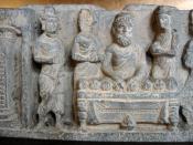 English: The sharing of the relics of the (Buddha). Greco-Buddhist art of Gandhara, 2-3rd century CE. ZenYouMitsu Temple (善養密寺), Setagaya, Tokyo. Personal photograph, 2005. Released in the Public Domain.