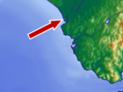 The arrow points to the city of Sanlúcar de Barrameda on the delta of the Guadalquivir River, in Andalusia.