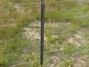 English: A waratah, a type of steel fence post, on a standard seven wire fence in New Zealand. The Waratah Fence post is the brand (trademark) that was owned by BHP in Australia and is now owned by OneSteel as the spinout long products company of BHP. The