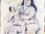 In his Maternity, 2006, Botero enhances the religious meaning of motherhood