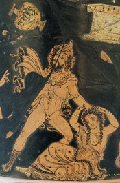 Lycurgus, driven mad by Dionysos, attacks his wife. Detail from an Apulian red-figure calyx-krater, ca. 350-340 BC. From Ruvo.