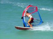 A windsurfer with modern gear tilts the rig and carves the board to perform a planing jibe (downwind turn) close to shore in Maui, Hawaii, one of the popular destinations for windsurfing.