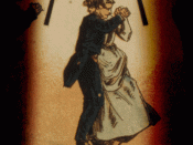 Rhythm, a sequence in time repeated, featured in dance: an early moving picture demonstrates the waltz.