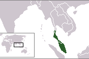 The Malay Peninsula highlighted. The straits of Malacca separate it from the island of Sumatra; India is to the west and Borneo to the east.