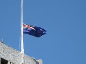 The New Zealand flag flying at half-mast on the day of the death of Sir Edmund Hillary. This flag is above the Registry building of the University of Canterbury, Christchurch.