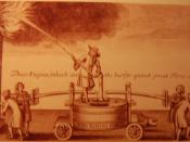 English: Illustration from the trade card of John Keeling of Blackfriars (1670s), showing his fire engine in use. Four men pumped water into a hose at the center. Inscription reads 