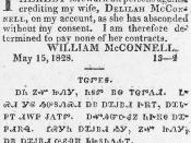 English: Bilingual notice in English and Cherokee stating that William McConnell will no longer pay the debts of his wife Delilah McConnell as she has left him. Published in the 