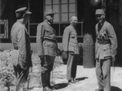 English: Chiang Kai-shek, leader of China, on the right, meets with the Muslim Generals Ma Bufang (second from left), and Ma Buqing(first from left)at residence in Xining August 1942.