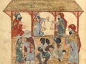 A 13th century book illustration produced in Baghdad by al-Wasiti showing a slave-market in the town of Zabid in Yemen.