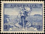 English: A scan of a 1936 Australian postage stamp commemorating the opening of the undersea cable from Tasmania (Stanley) to the mainland (Apollo Bay, Victoria) depicting Amphitrite