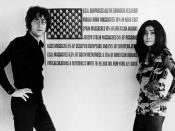 John Lennon and Yoko Ono standing in front of Maciunas' USA Surpasses all the Genocide Records!, c.1970.