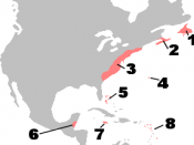 English: British colonies in North America, c. 1750 1: Newfoundland; 2: Nova Scotia; 3: The Thirteen Colonies; 4: Bermuda; 5: Bahamas; 6: British Honduras; 7: Jamaica; 8: British Leeward Islands and Barbados