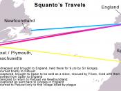 A map depicting the travels of Tisquantum, a.k.a. Squanto, the Native American who assisted the early British settlers in Massachusetts.