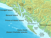 Map of the coast of the Pacific Northwest --- Islands and major straits of the northern American pacific coast showing Prince of Wales Island (Alaska), Queen Charlotte Sound (Canada), Dixon Entrance, Hecate Strait, Baranof Island, Chichagof Island, Juneau