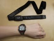 Photo of a heart rate monitor showing chest strap and watch