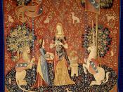 en: The Lady and the Unicorn (French: La Dame à la licorne) also called the Tapestry Cycle is the title of a series of six Flemish tapestries depicting the senses. They are estimated to have been woven in the late 15th century in the style of mille-fleurs