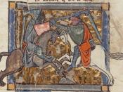 Yvain fighting Gawain. Medieval illumination from Chrétien de Troyes's romance, Yvain, le Chevalier au Lion