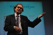 English: Professor Sir Roger Penrose (born 8 August 1931) OM, FRS is an English mathematical physicist renowned for his work in mathematical physics, in particular his contributions to general relativity and cosmology. He is also a recreational mathematic