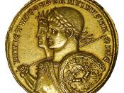Constantine. Gold multiple medallion minted in Ticinum, 313 AD. Wt. 39.79 g. Busts of Constantine with Sol Invictus