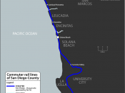 English: Map of commuter rail lines in San Diego County, California. Includes NCTD COASTER, NCTD SPRINTER, Metrolink Orange County Line and Metrolink Inland Empire-Orange County Line.
