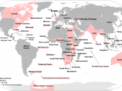 The territories that were at one time or another part of the British Empire. The British Overseas Territories are underlined in red. Русский: Территории, когда-либо бывшие частью Британской империи. Названия Британских заморских территорий подчеркнуты кра