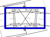English: Bogie with forced radial steering of axles. Angle of an axle depends on the angle between bogie and carbody. Lateral suspension is not mentioned. Picture based on http://dsp.vscht.cz/konference_matlab/matlab02/sulc_dvorak.pdf Česky: Podvozek s nu
