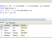Example SQL outer join query with Null placeholders in the result set. The Null markers are represented by the word NULL in place of data in the results. Results are from Microsoft SQL Server, as shown in SQL Server Management Studio.