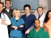Scrubs s original cast, seasons 1–8. From left to right: John C. McGinley, Neil Flynn, Sarah Chalke, Zach Braff, Donald Faison, Ken Jenkins and Judy Reyes.