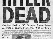 A headline in the U.S. Army newspaper Stars and Stripes announcing Hitler's death