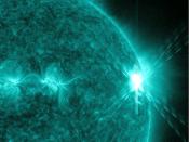Massive X6.9 class solar flare, August 9, 2011. While this flare produced a coronal mass ejection (CME), this CME is not traveling towards the Earth, and no local effects are expected. Sun Unleashes X6.9 Class Flare, NASA press release dated 08.09.2011