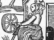 Woodcut with woman spinning with a spinning wheel