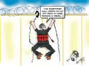 English: A cartoon by Barry Hunau, depicting a Palestinian suicide bomber climbing the Israeli West Bank barrier.