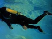 English: A Scuba diver in a pool. Public domain from NOAA. The diver is wearing a full length black wetsuit. He is using a full face mask from AGA and a twin 6 liter 300 bar tank also from AGA.