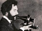 An actor portraying speaking into a early model of the telephone for a 1926 promotional film by the American Telephone & Telegraph Company (AT&T): see 1926 recreation of Alexander Graham Bell inventing the telephone. AT&T Archives. Archived from the o