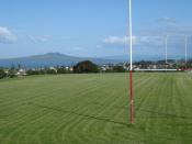 English: View to Rangitoto Island from the top Rugby field at Rangitoto College