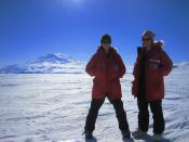English: Kelly Jemison (left) with colleague Charlie King (right) pose at the base of Mt. Erebus, Antarctica.