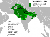 The Mughal Empire at Akbar's death in 1605. Fully integrated territories in dark green, dependent territories in light green