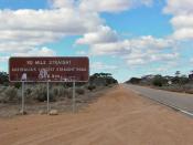 Eyre Highway on the Nullarbor Plain, Australia. Road Sign for longest straight road in Australia.