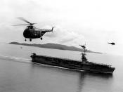 U.S. Marine Corps HRS-1 helicopters from transport squadron HMR-161 launching from the U.S. escort carrier USS Sicily (CVE-118) during Operation Marlex-5 off the west coast of Korea in the Inchon area, on 1 September 1952. This was the first time that Mar