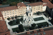 1989 Loma Prieta Earthquake. Photograph of a collapsed five-story tower, St. Joseph's Seminary, Los Altos, California. One person working in the tower was killed.