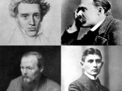 A collage of four precursors of Existentialism. From top-left clockwise: Søren Kierkegaard (1813-1855) Friedrich Nietzsche (1844-1900) Franz Kafka (1883-1924) Fyodor Dostoevsky (1821-1881) Public domain due to age of portrait/photography.